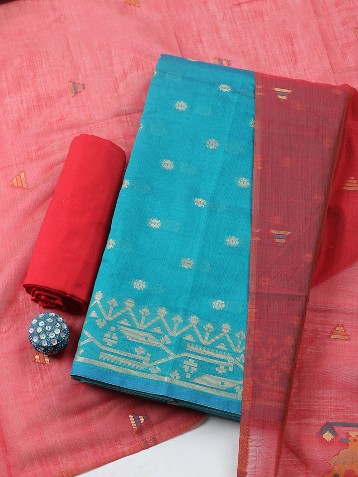Printed Chanderi Unstitched Suit With Pant &amp; Dupatta