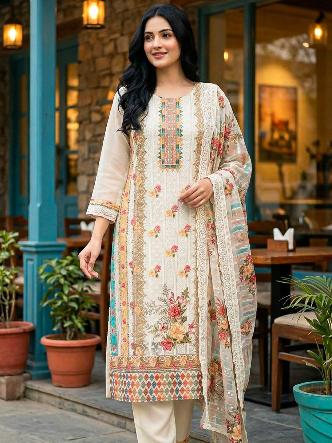 Embroidered Cotton Blend Kurta With Pant &amp; Dupatta
