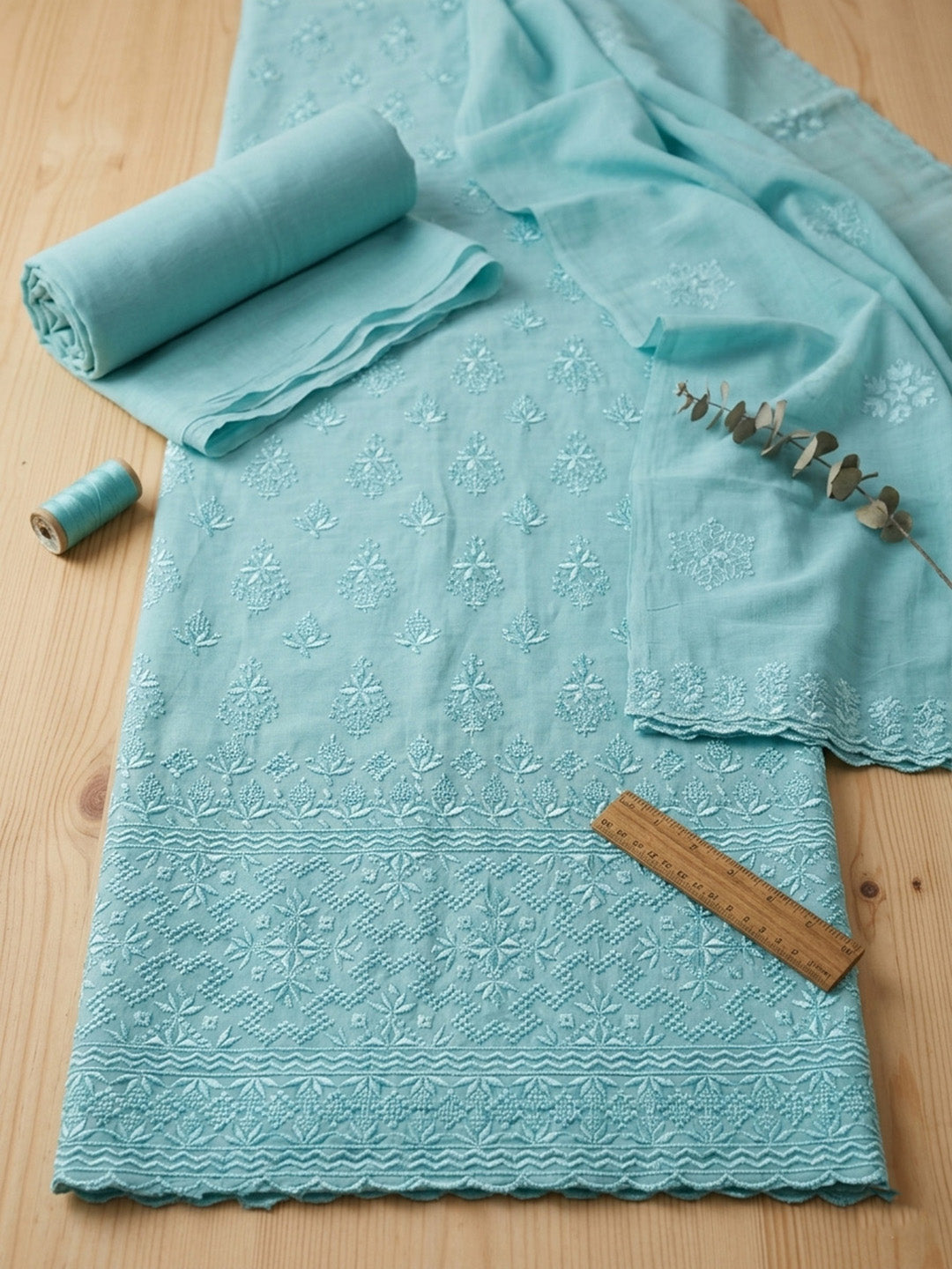 Embroidered Chanderi Unstitched Suit With Pant &amp; Dupatta