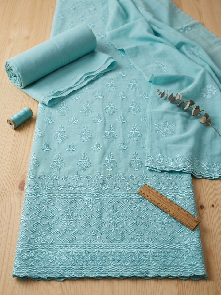 Embroidered Chanderi Unstitched Suit With Pant &amp; Dupatta