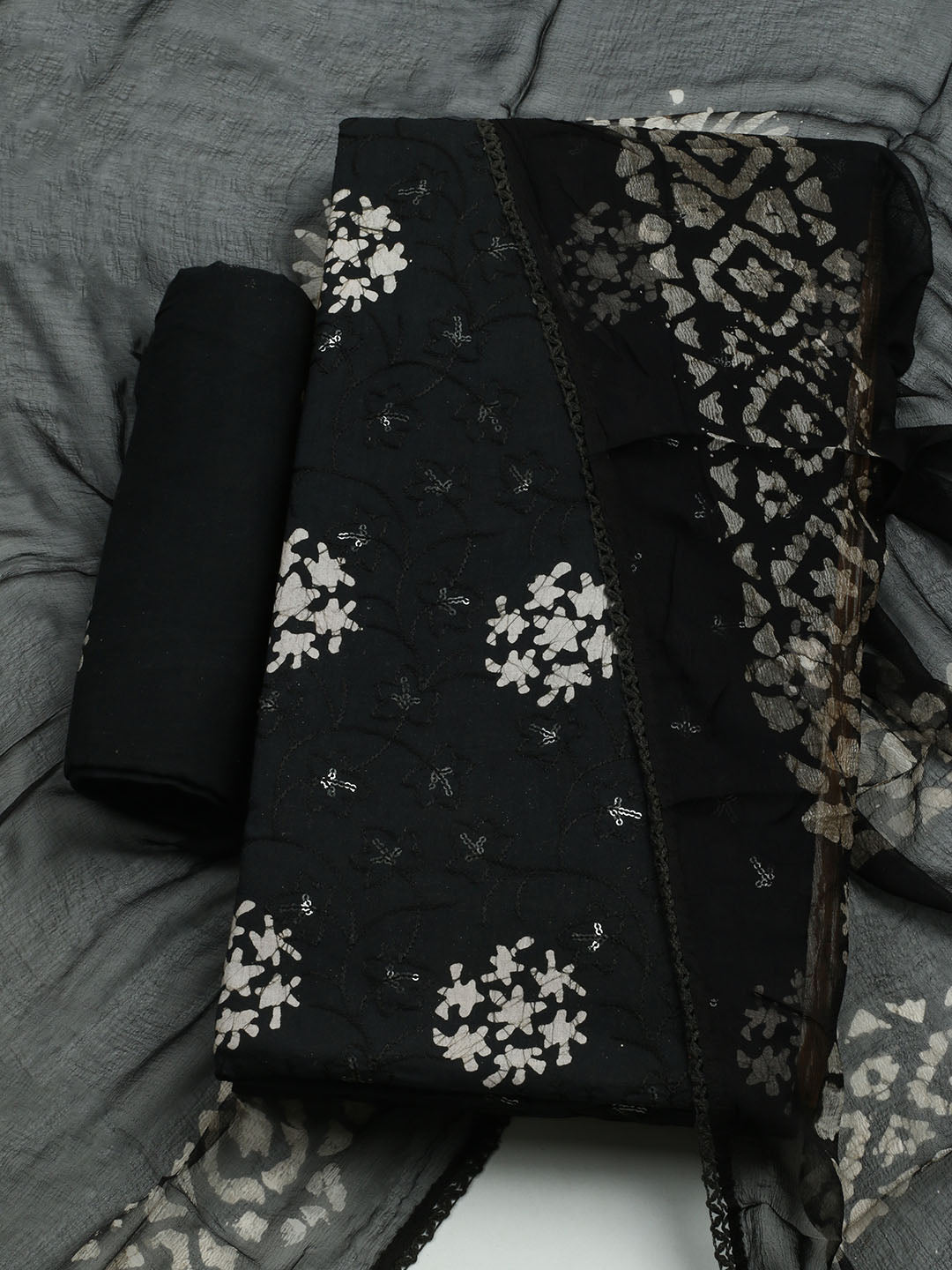 Printed Cotton Blend Unstitched Kurta With Pant &amp; Dupatta