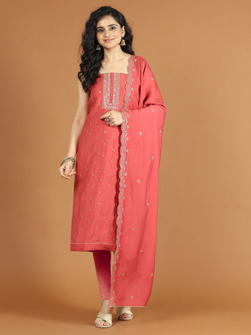 Neck Embroidered Chanderi Unstitched Suit Piece With Dupatta