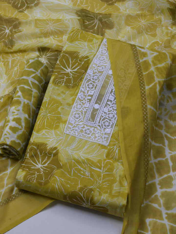 Patch Neck Cotton Blend Unstitched Suit With Dupatta