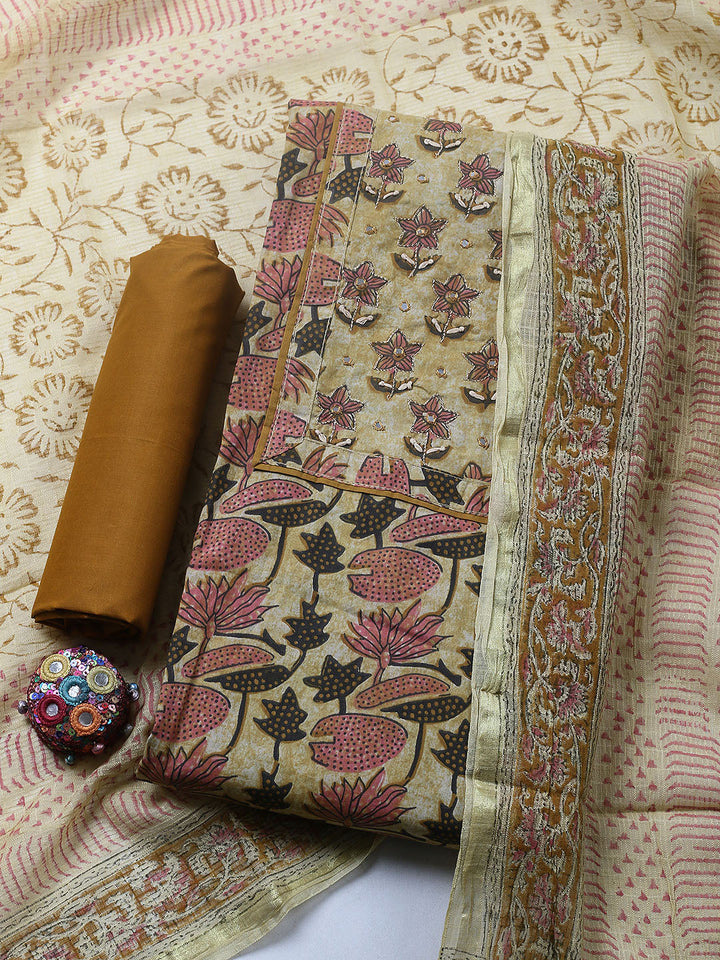 Printed Cotton Blend Unstitched Suit With Pant &amp; Dupatta