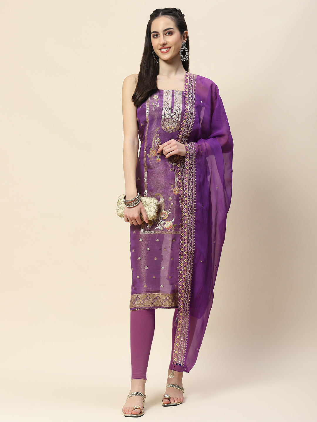 Woven Chanderi Unstitched Suit Piece With Dupatta