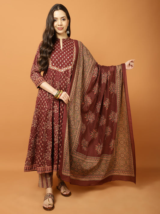 Printed Cotton Blend Suit Set with Dupatta