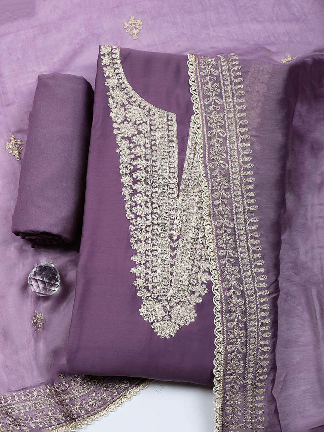 Embroidered Chanderi Unstitched Suit With Pant &amp; Dupatta