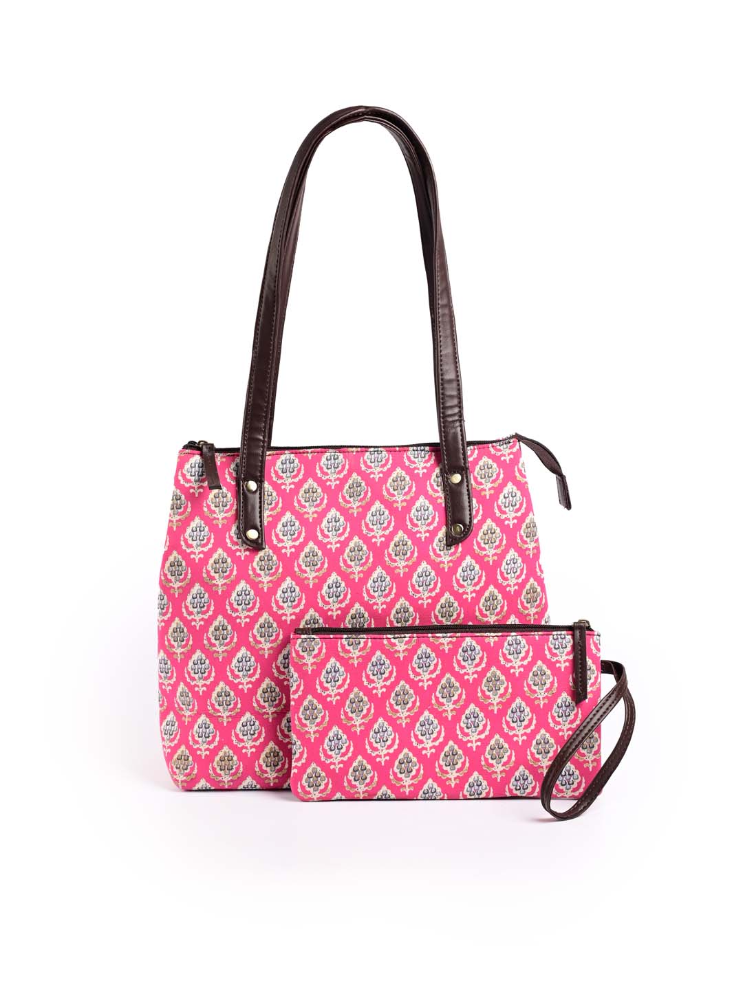 Pink Printed Cotton Handbag With Clutch