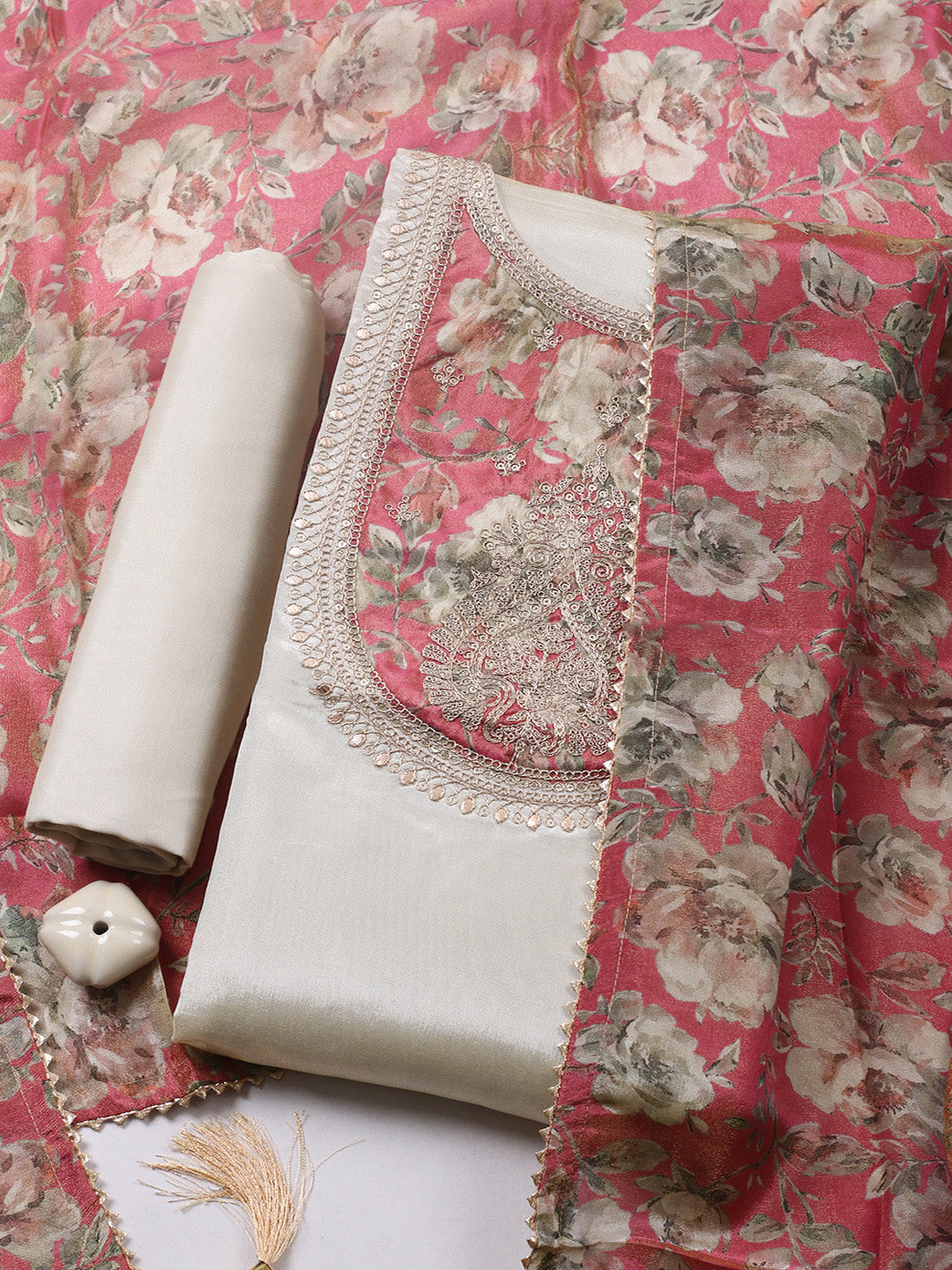 Embroidered Tissue Unstitched Suit With Pant &amp; Dupatta