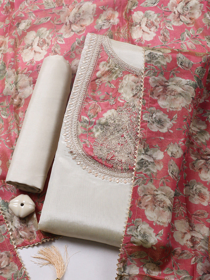 Embroidered Tissue Unstitched Suit With Pant &amp; Dupatta