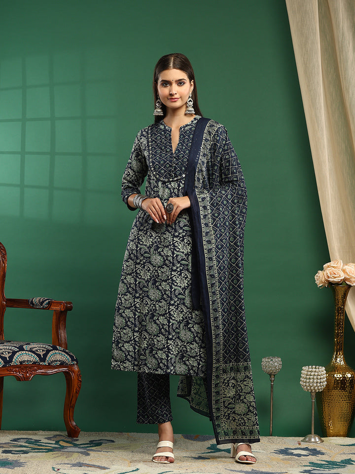 Printed Cotton Blend Kurta With Pant &amp; Dupatta