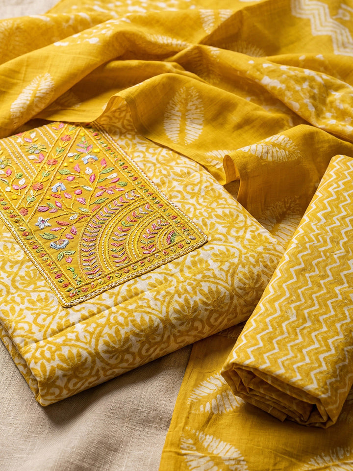 Printed Cotton Blend Unstitched Suit With Pant &amp; Dupatta