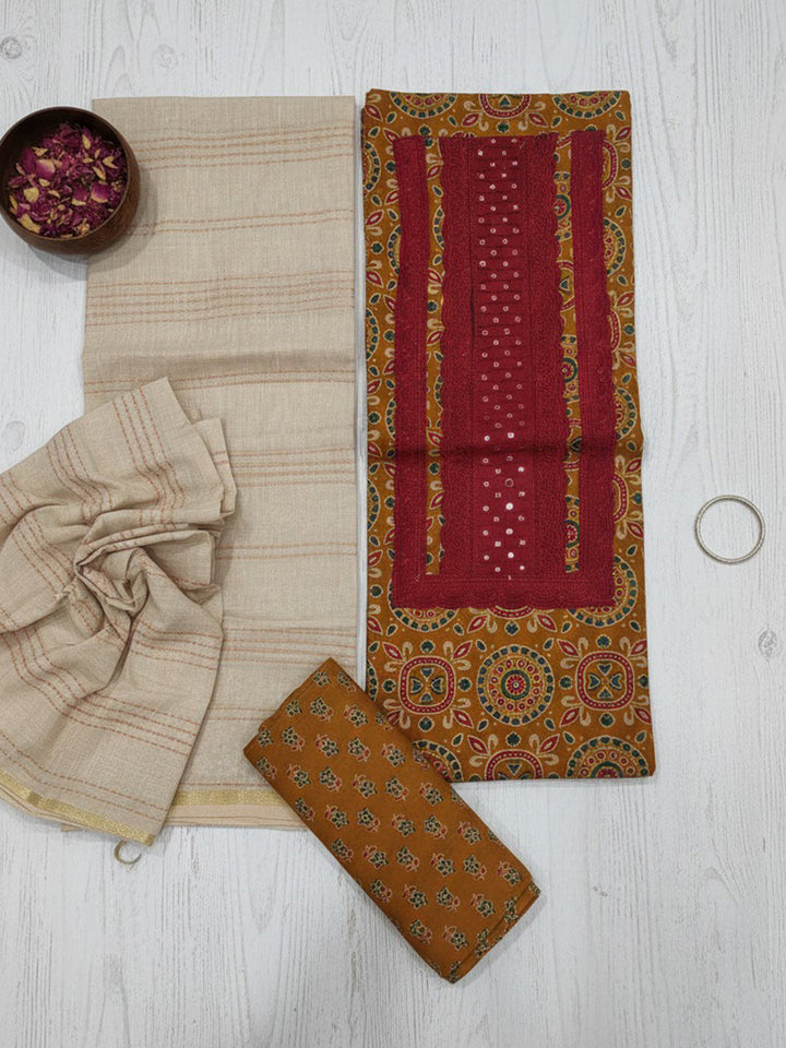 Printed Cotton Blend Unstitched Suit With Pant &amp; Dupatta