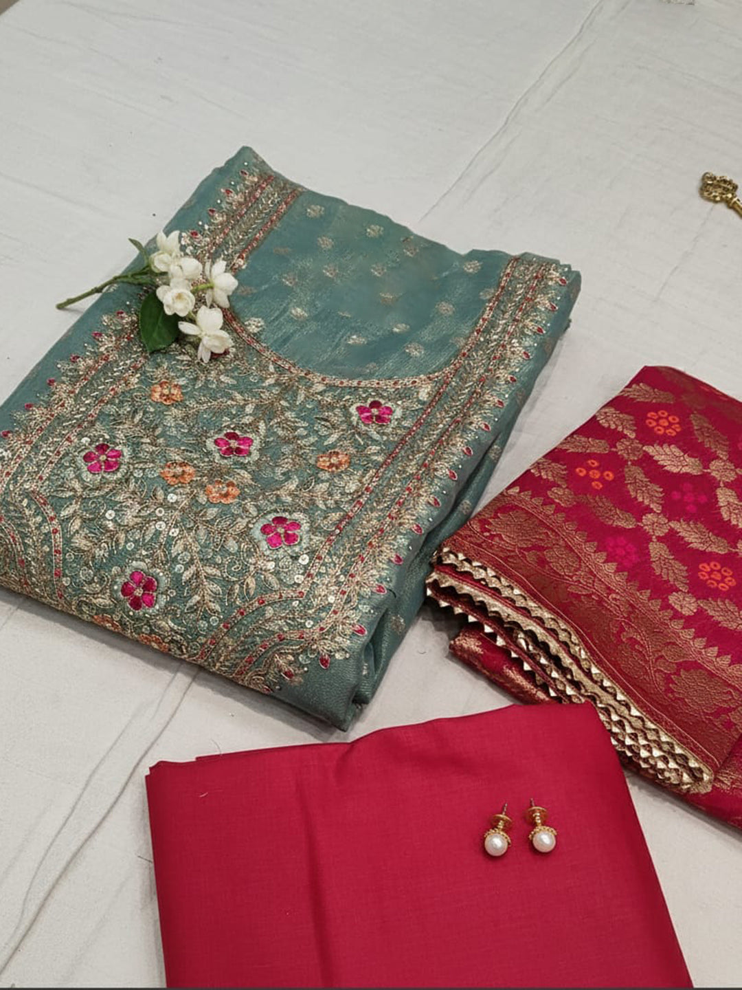 Embroidered Chanderi Unstitched Suit With Pant &amp; Dupatta