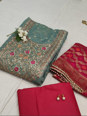 Embroidered Chanderi Unstitched Suit With Pant & Dupatta