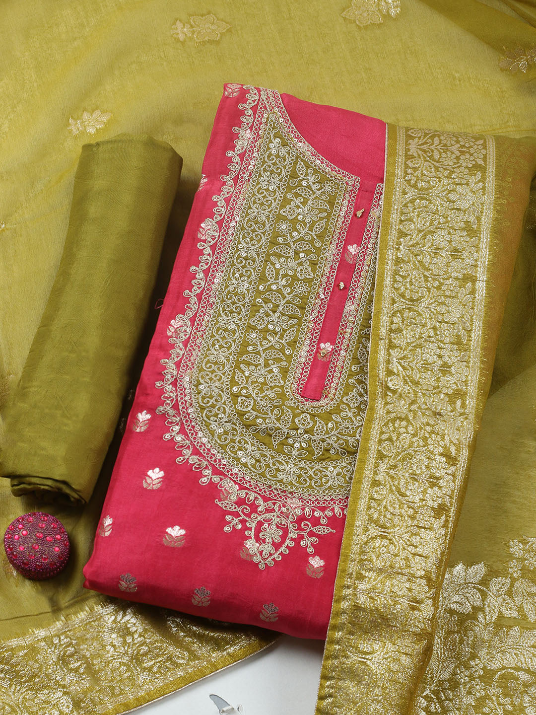 Embroidered Chanderi Unstitched Suit With Pant &amp; Dupatta