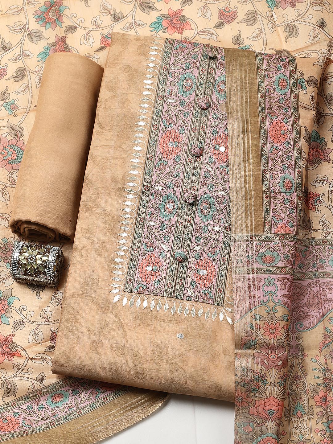 Embroidered Chanderi Unstitched Suit With Pant &amp; Dupatta