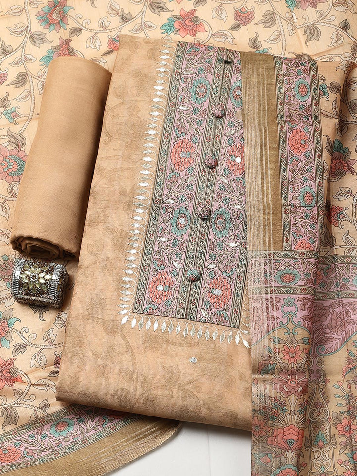 Embroidered Chanderi Unstitched Suit With Pant &amp; Dupatta
