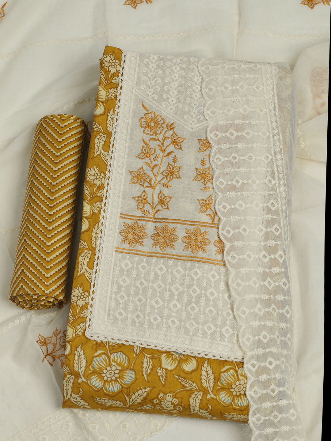 Printed Cotton Unstitched Suit With Pant &amp; Dupatta