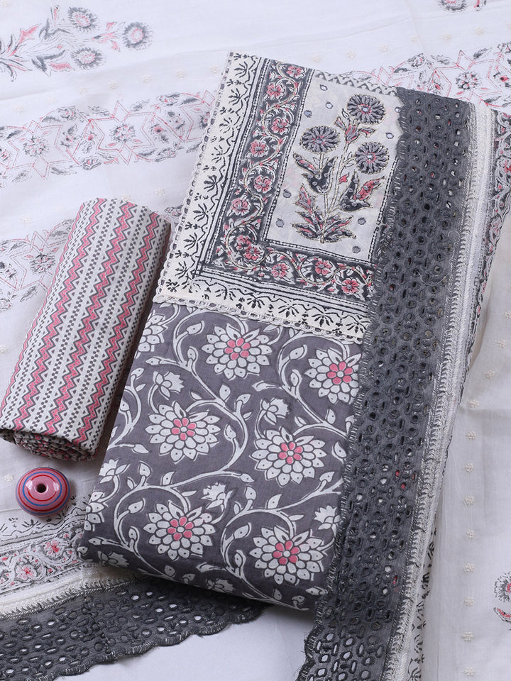 Embroidered Cotton Blend Unstitched Suit With Pant &amp; Dupatta