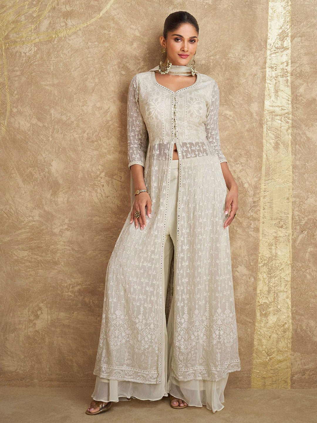 Sequins Embroidery Chinnon Kurta With Sharara And Dupatta
