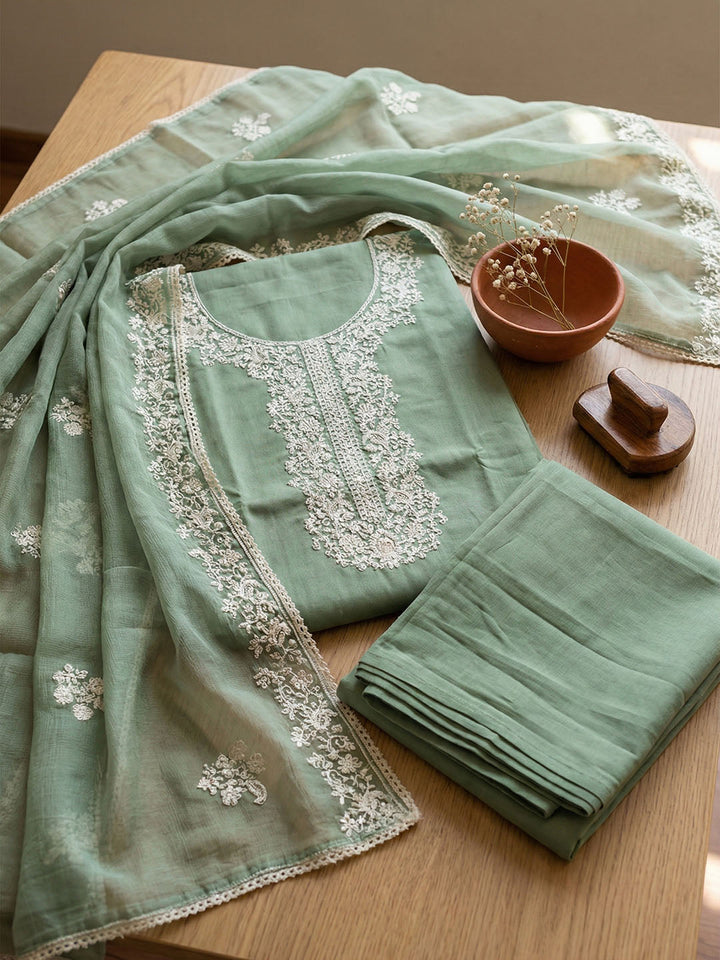 Embroidered Chanderi Unstitched Suit With Pant &amp; Dupatta