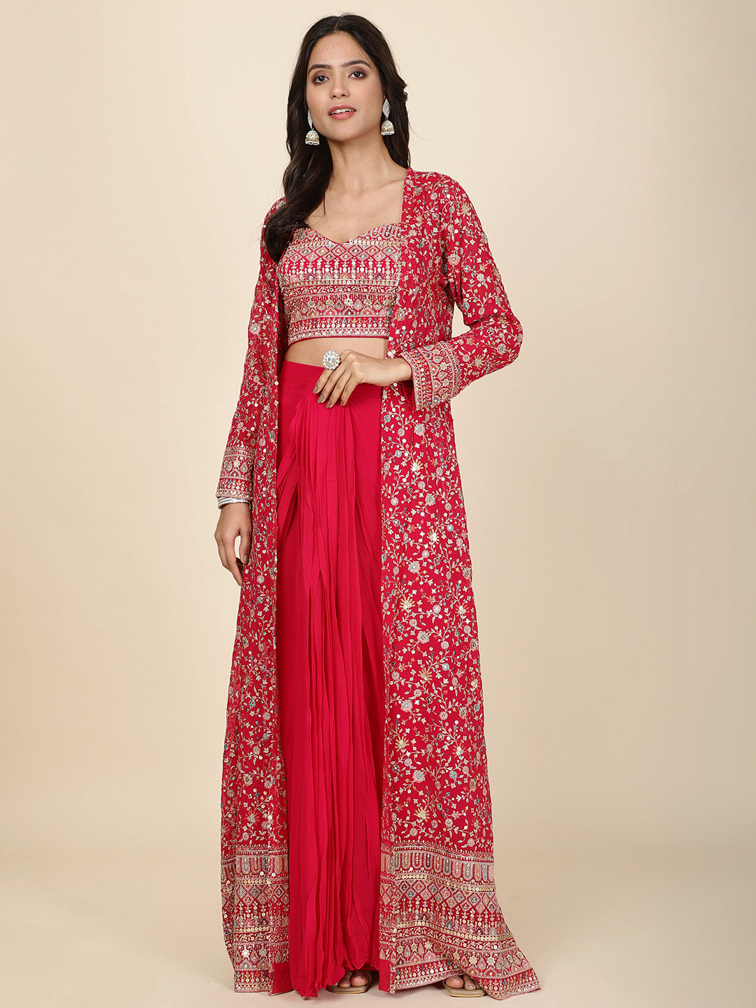 Zari Jaal Embroidered Georgette Kurta With Skirt & Dupatta