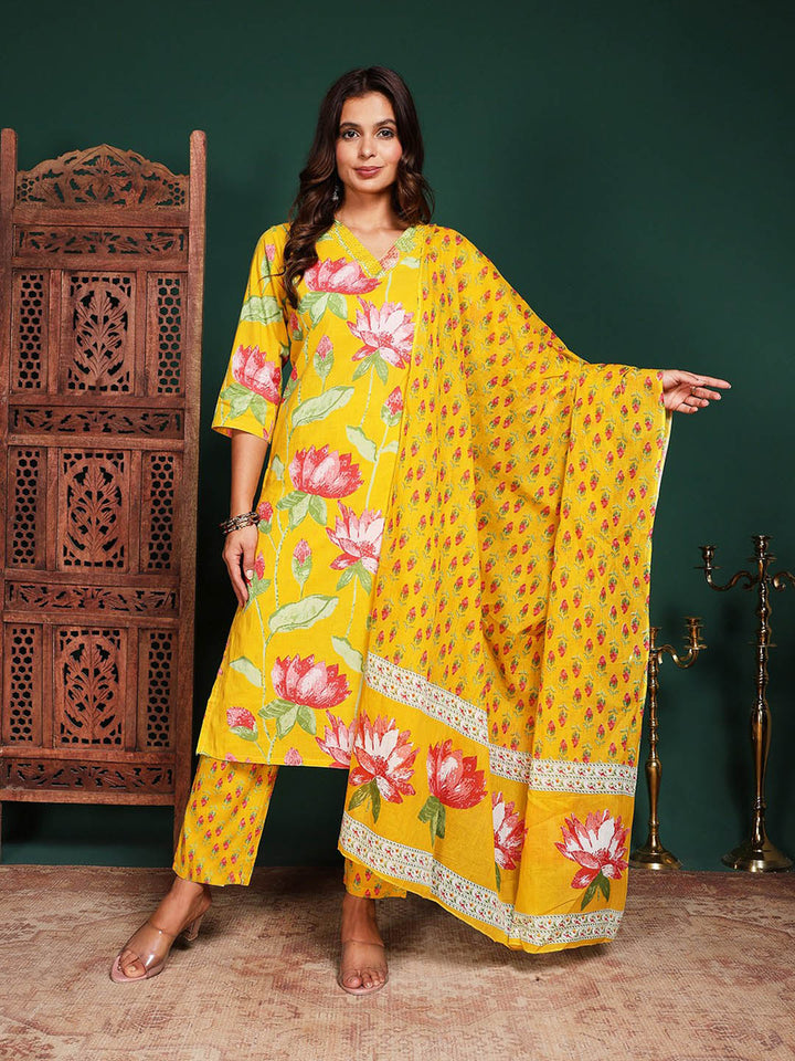 Floral Printed Cotton Blend Kurta With Pant &amp; Dupatta