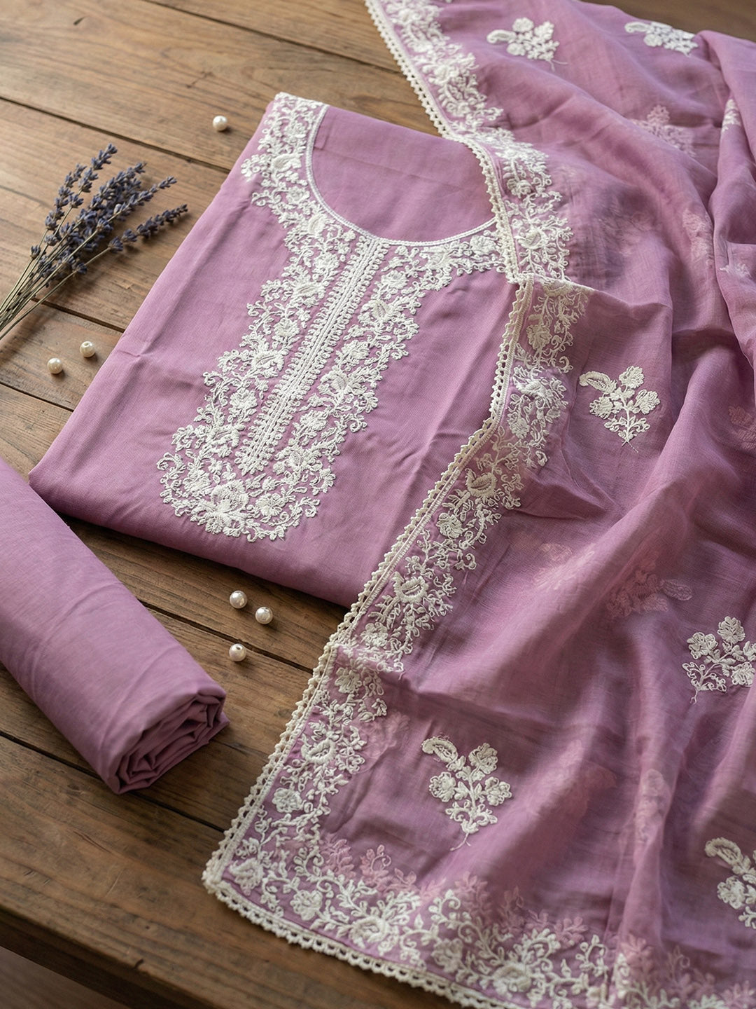 Embroidered Chanderi Unstitched Suit With Pant &amp; Dupatta