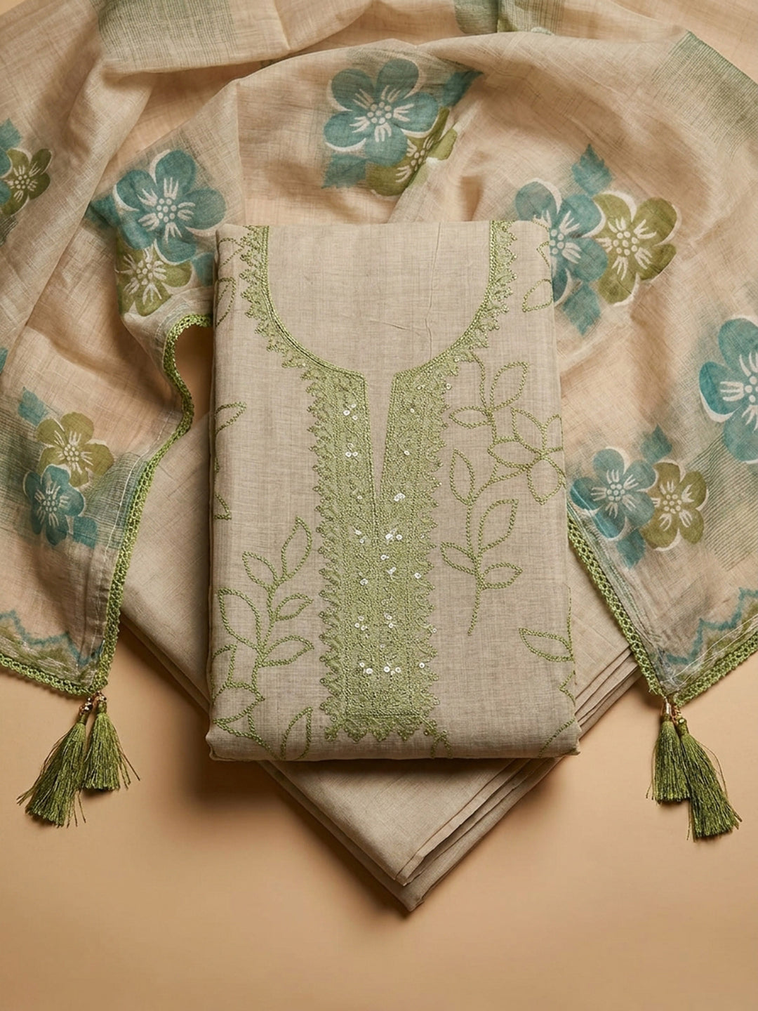 Pista Green Embroidery Chanderi Unstitched Dress Material
