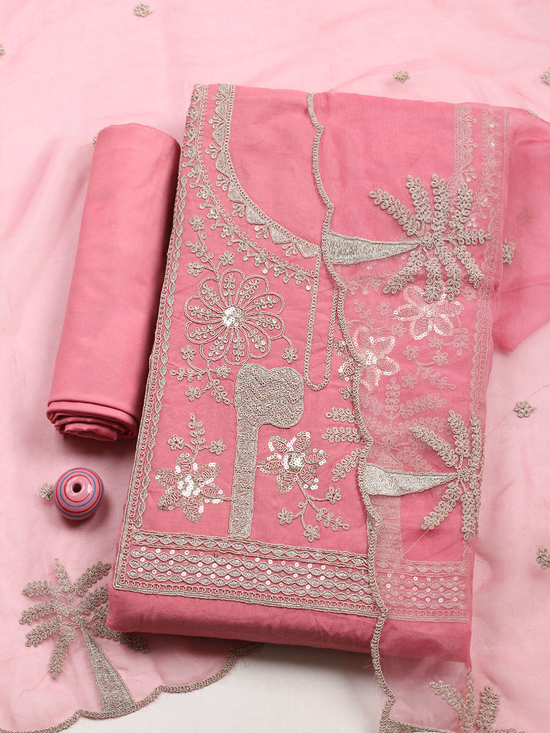 Embroidered Chanderi Unstitched Suit With Pant &amp; Dupatta