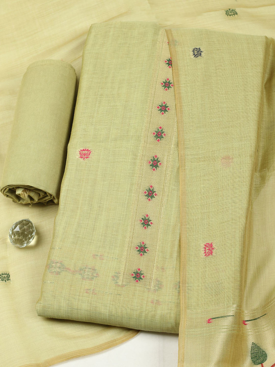 Embroidered Chanderi Unstitched Suit With Pant &amp; Dupatta