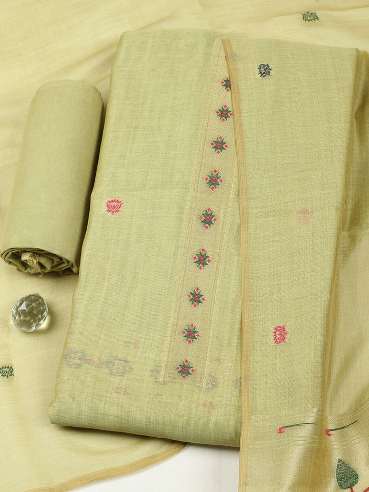Embroidered Chanderi Unstitched Suit With Pant &amp; Dupatta