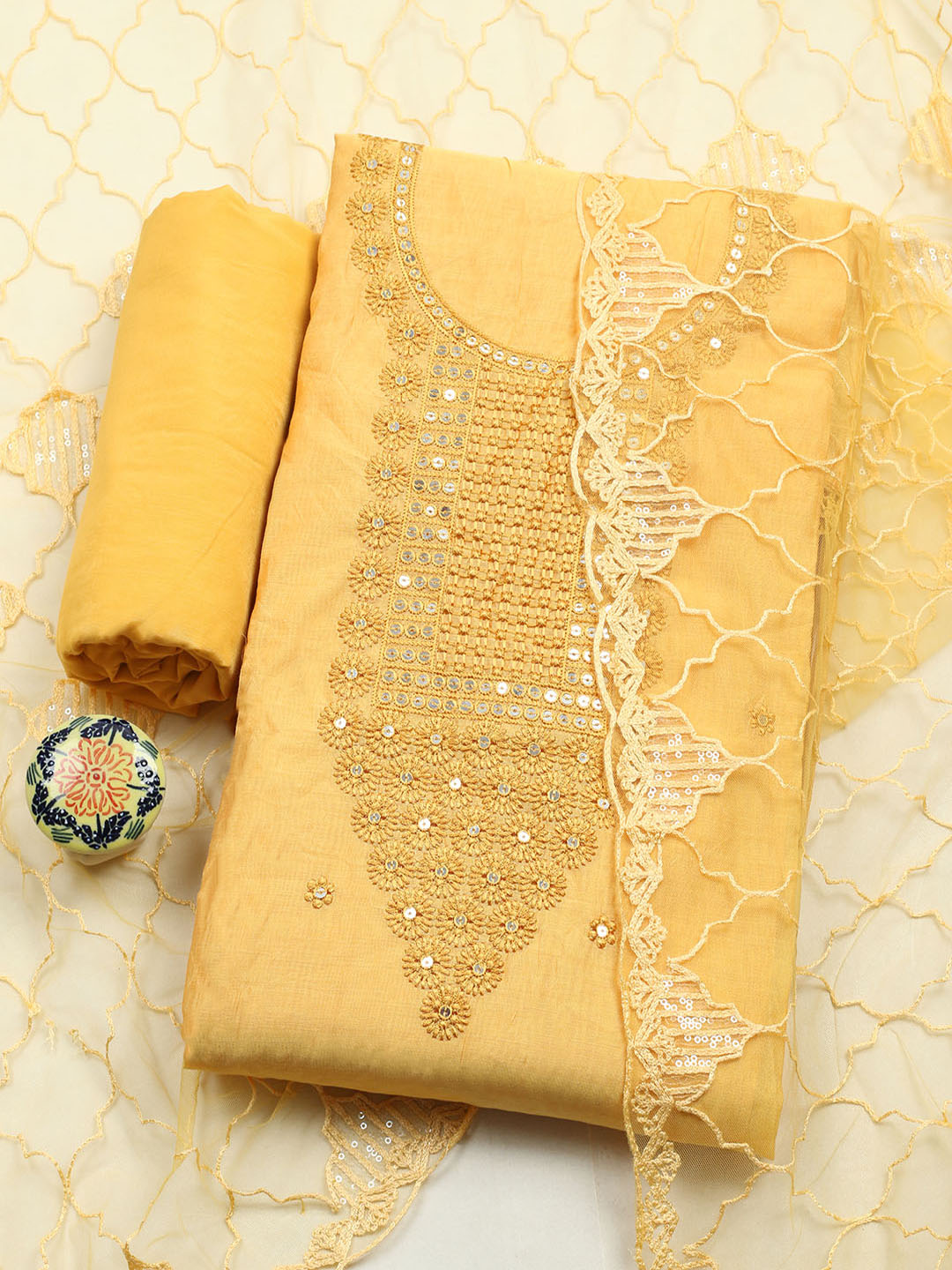 Embroidered Chanderi Unstitched Suit With Pant &amp; Dupatta