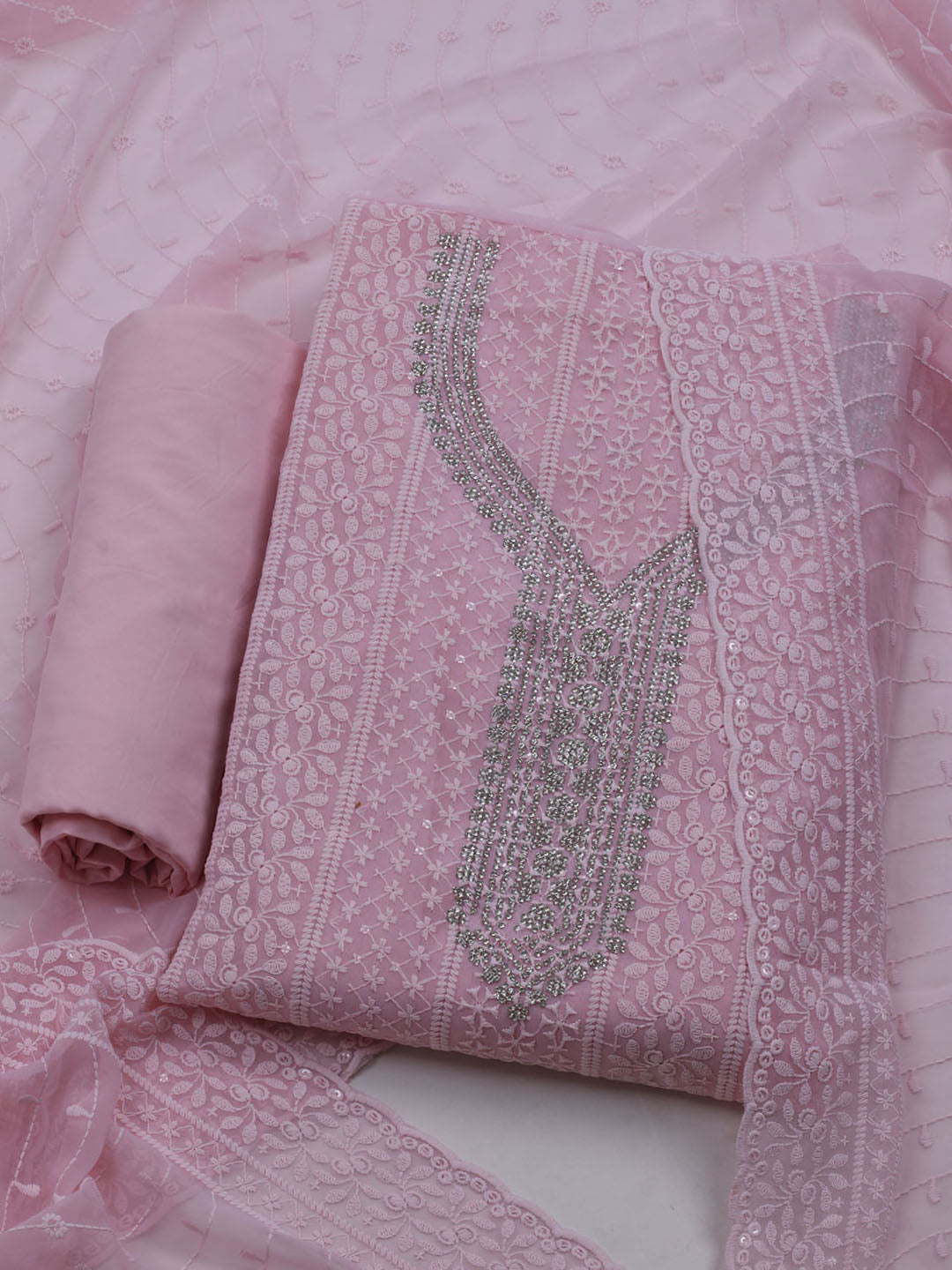 Chikan Work Georgette Unstitched Suit With Dupatta