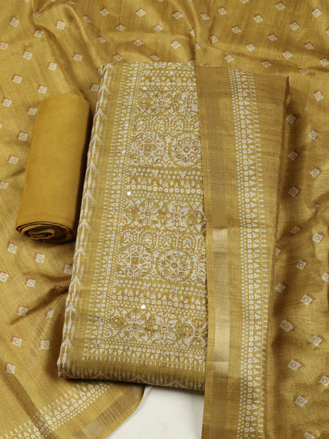 Printed Tussar Unstitched Suit With Pant &amp; Dupatta
