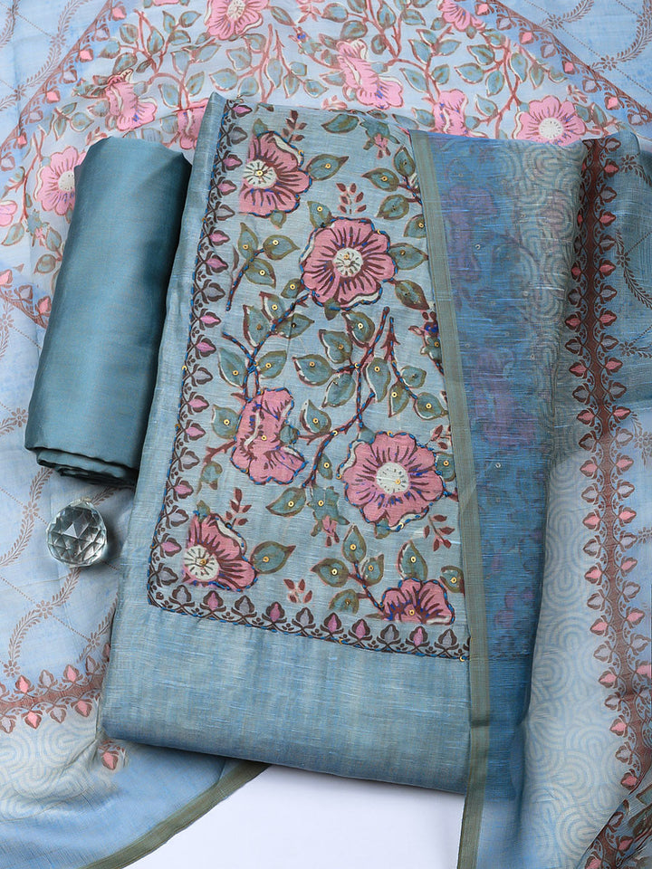 Embroidered Chanderi Unstitched Suit With Pant &amp; Dupatta