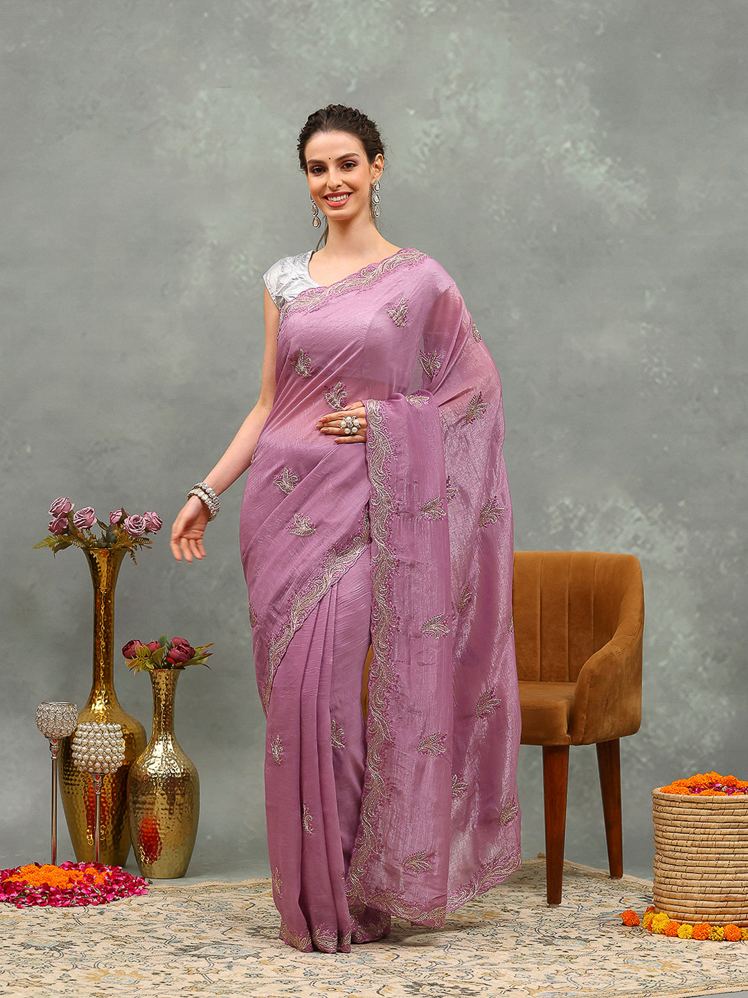 Thread Embroidered Chiffon Saree