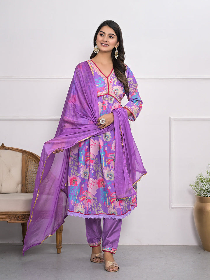 Digital Printed Cotton Blend Kurta With Pants &amp; Dupatta