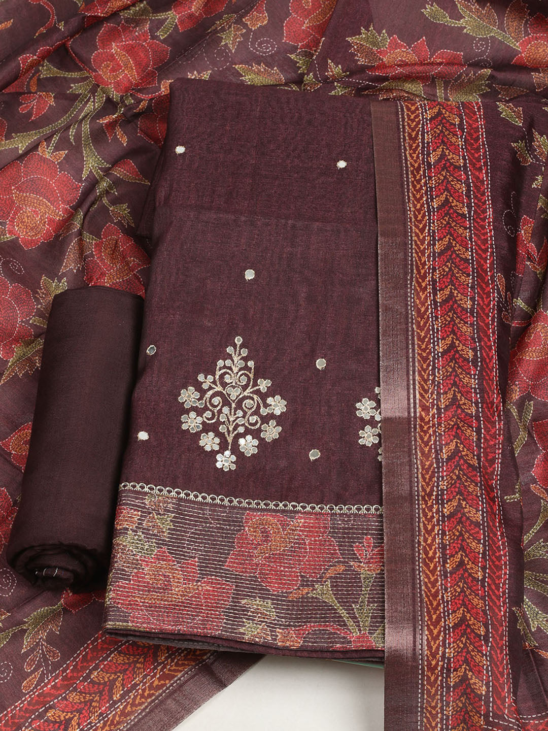 Embroidered Tussar Unstitched Suit With Dupatta