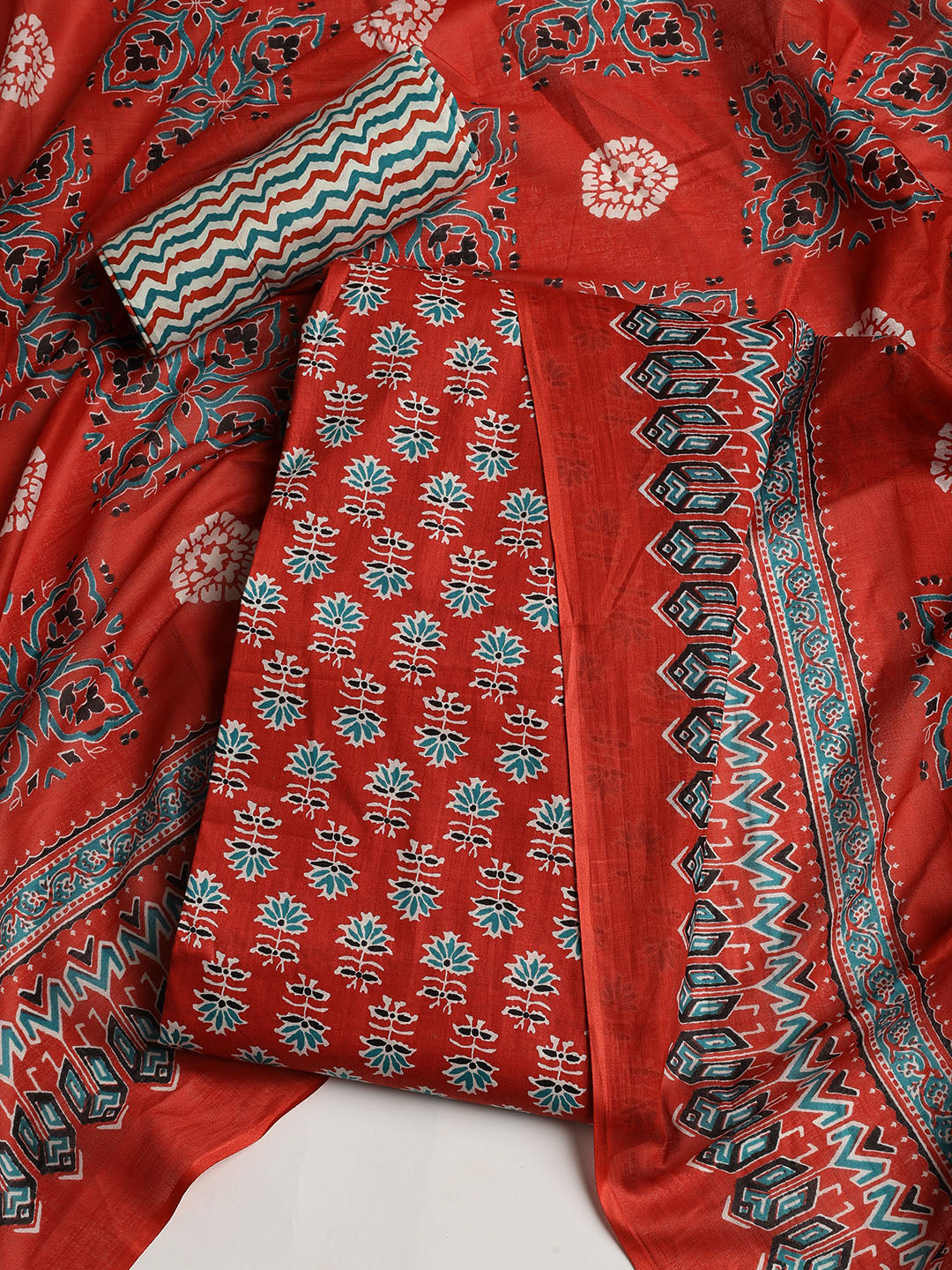 Printed Cotton Blend Unstitched Suit With Dupatta