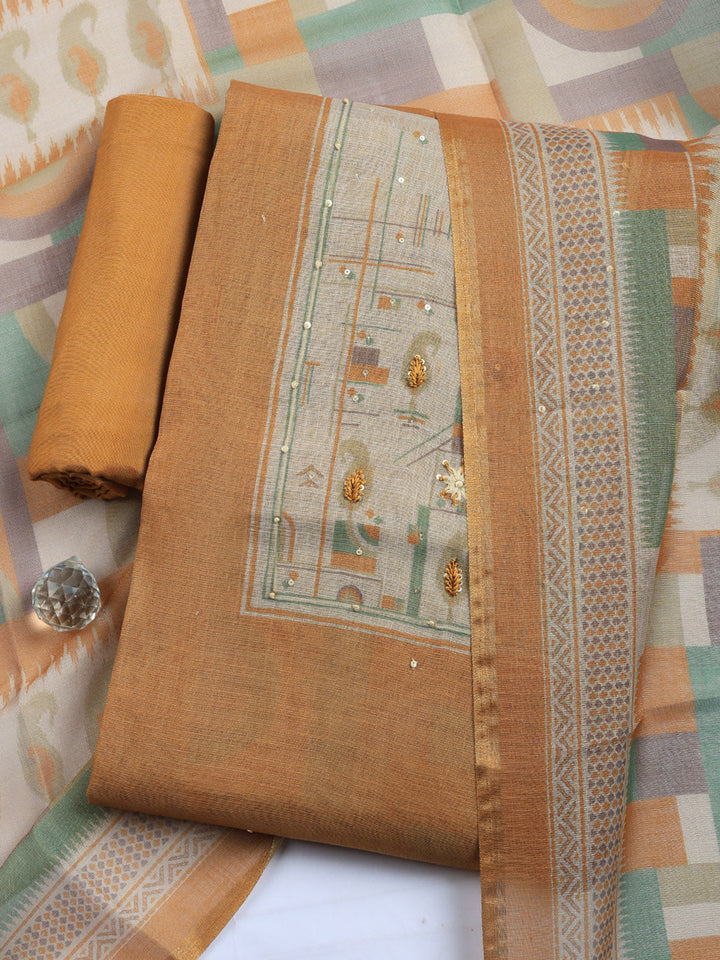 Printed Linen Blend Unstitched Suit With Pant &amp; Dupatta