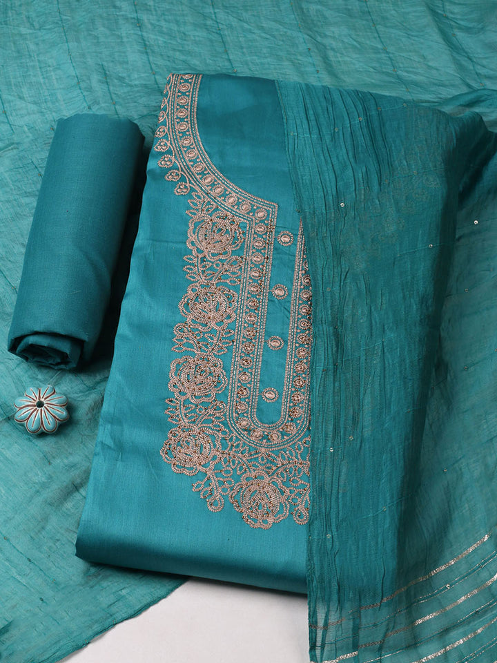 Embroidered Chanderi Unstitched Suit With Pant &amp; Dupatta