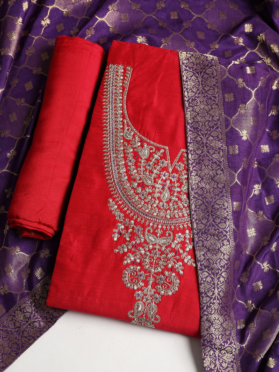 Embroidered Chanderi Unstitched Suit With Dupatta