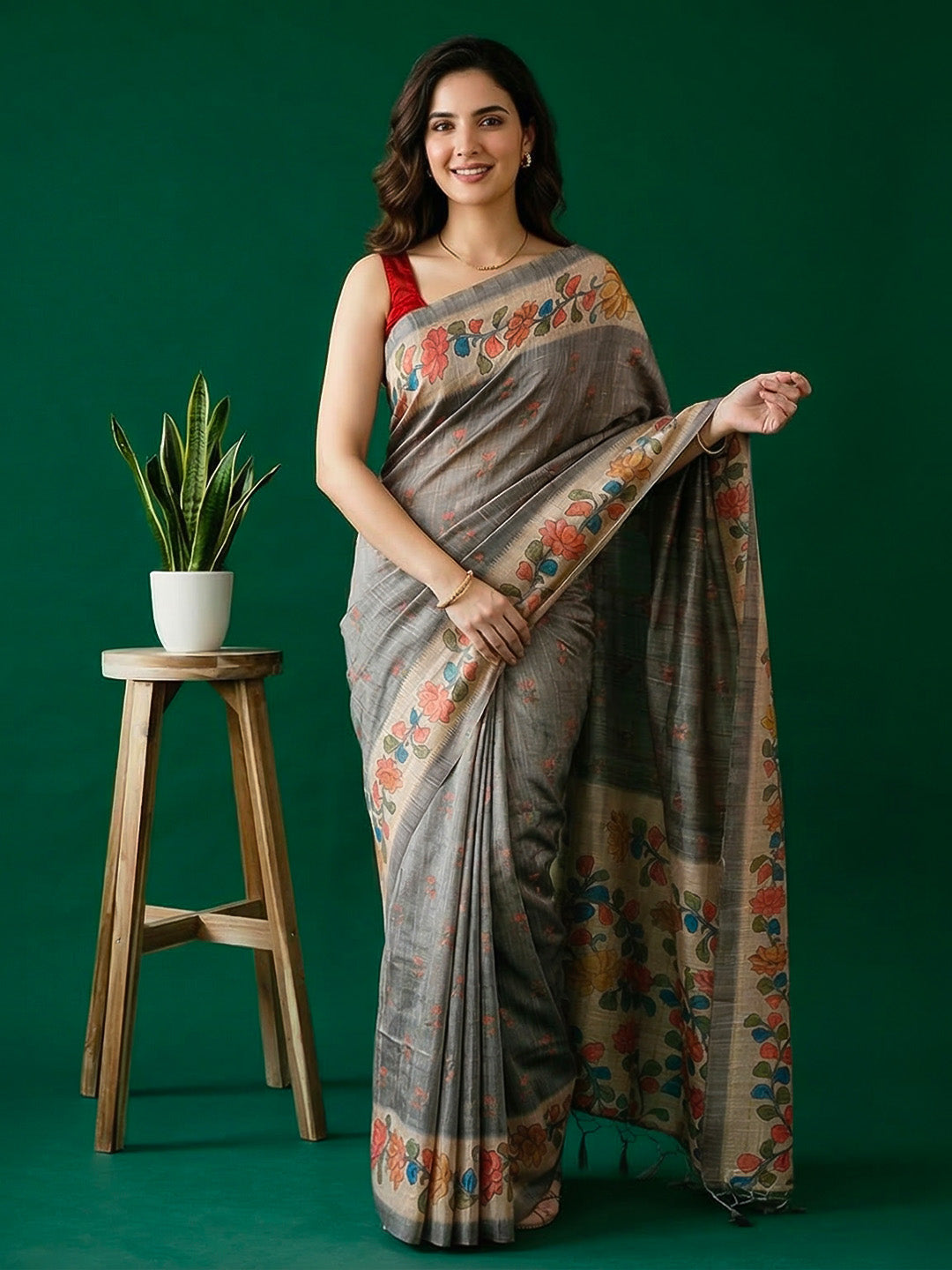Floral Print Tussar Silk Saree