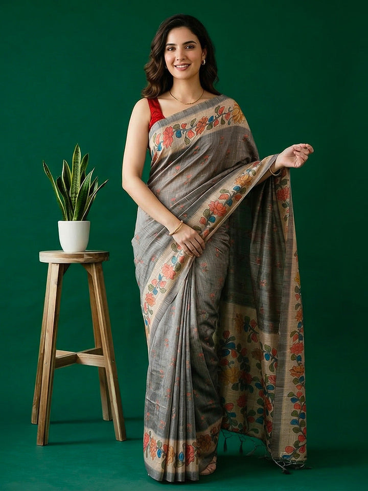 Floral Print Tussar Silk Saree
