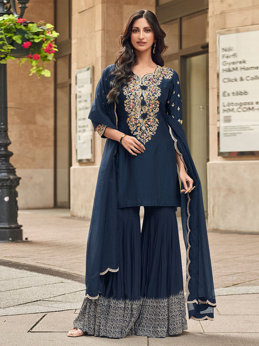 Neck Embroidery Art Silk Kurta With Sharara And Dupatta