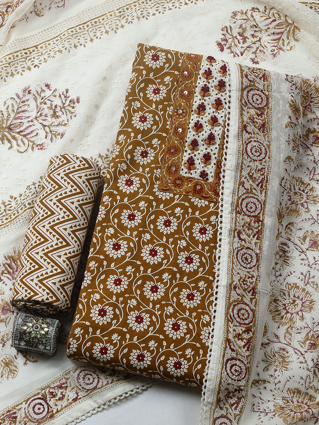 Embroidered Cotton Blend Unstitched Suit With Pant &amp; Dupatta