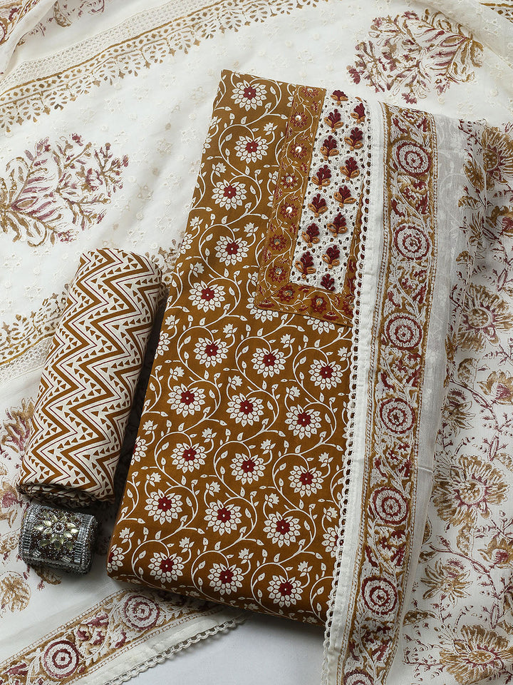 Embroidered Cotton Blend Unstitched Suit With Pant &amp; Dupatta