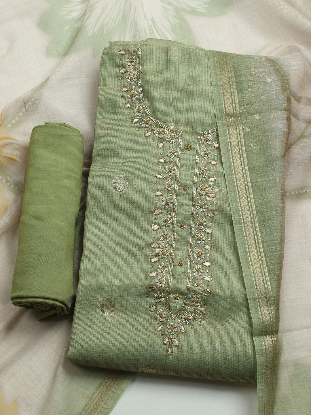 Embroidered Linen Unstitched Kurta With Pant & Dupatta
